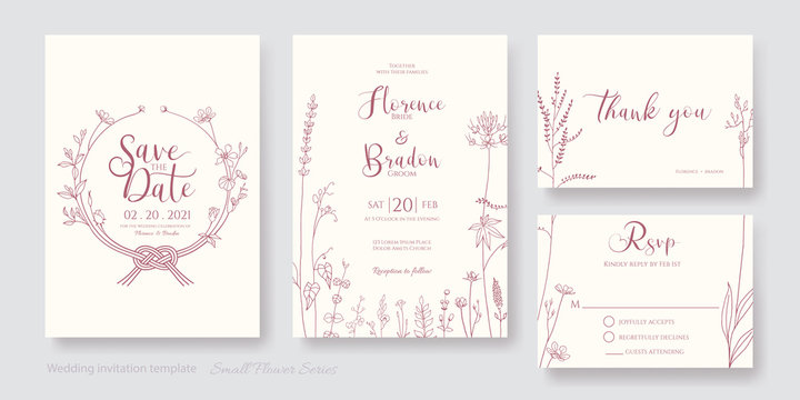 Set of floral wedding Invitation card, save the date, thank you, rsvp template. Vector. Flower line art.