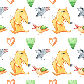 Cute cartoon animals on white background. Watercolor hand painted kids seamless pattern. Can be used for scrapbooking paper, design wrapping paper, packaging, fabric, background