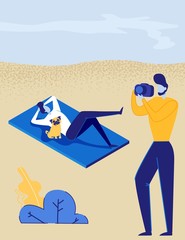 Man, Woman and Dog on River Bank Relaxing and Taking Photo. People and Pet Cartoon Characters on Outdoor Vacation on Beach Sand. Travelling, Leisure Time and Tourism. Trendy Flat Vector Illustration.