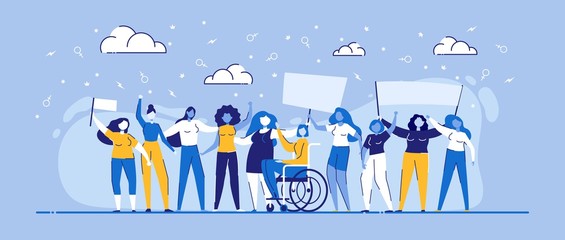 Girl Power Vector Illustration. Cartoon Women Different Race, Body Type, Standing with Streamer. Feminist Movement Demonstration. Multiethnic Multiracial Diversity Equality. Feminism Rights Fight