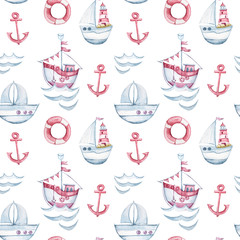 Watercolor hand painted nautical seamless pattern. Can be used for scrapbooking paper, design wrapping paper, packaging, travel decoration, background