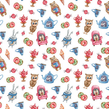 Cute forest animals on white background. Watercolor hand painted kids seamless pattern. Can be used for scrapbooking paper, design wrapping paper, packaging, fabric, background