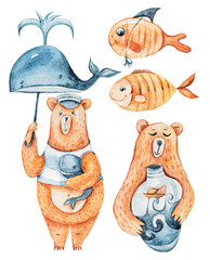 Watercolor hand painted cute bears, fish, sea clipart. Cartoon fantasy world illustration. Greeting card, print, poster, book illustration