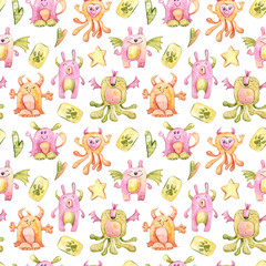 Watercolor hand painted cute cartoon monsters clipart. Seamless pattern isolated on white background. Can be used for patterns, design greeting cards for holiday, birthday, invitations, poster, print
