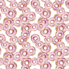 Watercolor hand painted seamless pattern. lovely donuts on white background. Perfect for scrapbooking, textile design, fabric, wallpaper, wrapping paper.