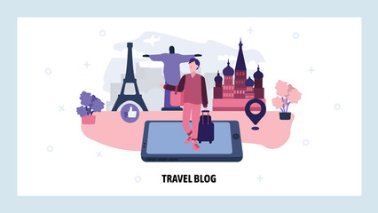 Man with travel bag visiting world landmarks. Travel blog and photo sharing. Holiday and adventure vacation photography.. Vector web site design template. Landing page website concept illustration