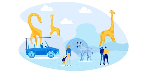 Cartoon People Visitors Walking in Zoo Park with Wild Animals. Mother with Child, Young Married Couple in Love Rest among Zebra, Giraffes Family. Car Tour to National Reservation. Vector Illustration