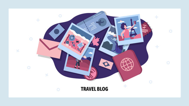 Travel blog and photo sharing. Social media marketing for tourism industry. Holiday and adventure vacation photography. Vector web site design template. Landing page website concept illustration