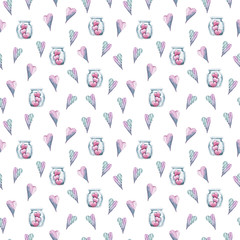 Watercolor hand painted seamless pattern. Cute blue hearts on white background. Perfect for scrapbooking, textile design, fabric, wallpaper, wrapping paper.