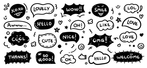 Hand drawn set of speech bubbles with dialog words:yes, hello, no, love you, ok, Vector illustration.