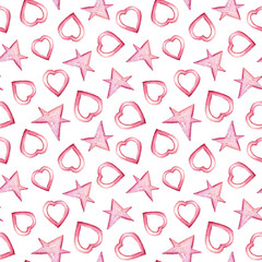 Watercolor hand painted seamless pattern. lovely pink hearts, stars on white background. Perfect for scrapbooking, textile design, fabric, wallpaper, wrapping paper.