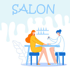 Woman Visiting Beauty Salon. Master Doing Manicure in Barbershop Interior for Girls. Grooming Place or Club with Professional Devices, Fashion Spa Body Care Cartoon Flat Vector Illustration, Banner