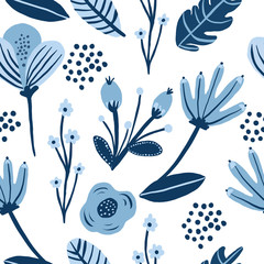 Seamless blue flower floral leaf pattern. Stylish repeating texture. Repeating texture. Trendy.