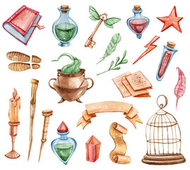 Watercolor hand painted magical wands. Halloween clipart-poison bottles, feather, candles, books, key, star, paper, foot steps. Illustration on white background. Can be used for pattern, stickers