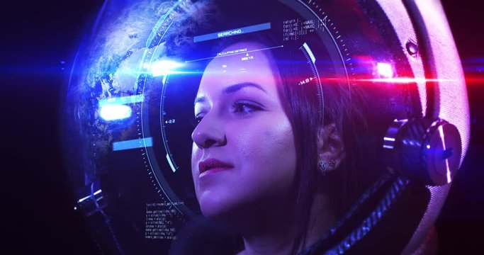 Portrait 4K Shot Of The Young Smiling Female Astronaut In Space Helmet. She Is Exploring Outer Space In A Space Suit. Science And Technology Related VFX 4K Concept Footage.
