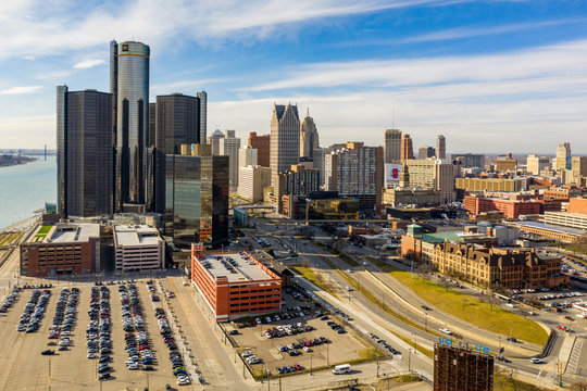 Downtown Detroit visible logos editorial aerial photo