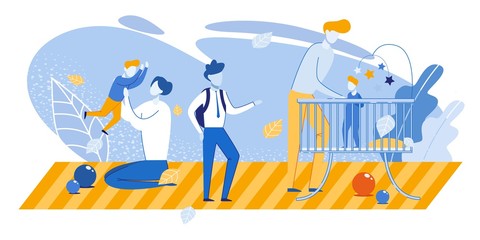 Cartoon Big Happy Family Rest at Home. Parents and Three Children Generation. Mother Throwing up Preschooler Son. Father Playing with Baby. Schoolboy Talking to Adults. Vector Flat Illustration