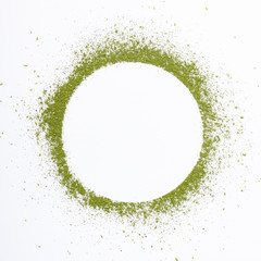 Heap of matcha green tea powder isolated on white background creative flat lay, Organic product from the nature for healthy with traditional style