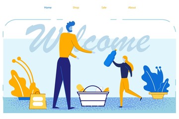Daughter Help Father to Choose Products in Supermarket. Girl Bringing Bottle with Drink to Shopping Cart with Food Standing on Floor. Welcome Inscription. Cartoon Flat Vector Illustration, Banner