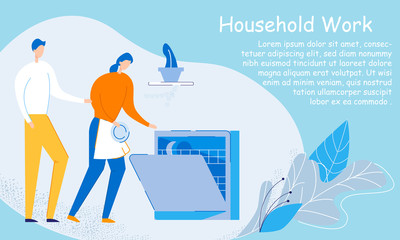 Happy Couple of Young Woman Man Doing Household Work. Girl Put Dishes to Washing Machine on Kitchen after Dinner. Family Home Everyday Routine, Love, Relations Cartoon Flat Vector Illustration, Banner