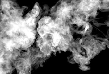 White water vapor steam on a black background. Realistic dry smoke clouds fog overlay. Simply drop it in and change its blending mode to screen or add.