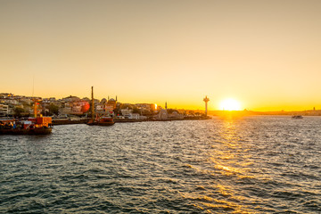 Beautiful buildings under sunset at the  at Uskudar, Istanbul, Turkey, on the Anatolian shore of the Bosphorus.