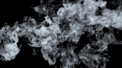 White water vapor steam on a black background. Realistic dry smoke clouds fog overlay. Simply drop it in and change its blending mode to screen or add.
