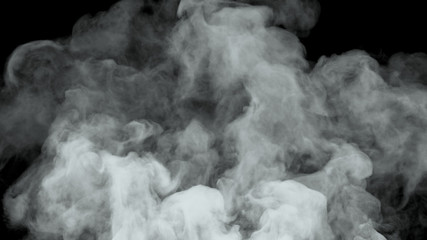 White water vapor steam on a black background. Realistic dry smoke clouds fog overlay. Simply drop it in and change its blending mode to screen or add.