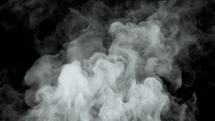 White water vapor steam on a black background. Realistic dry smoke clouds fog overlay. Simply drop it in and change its blending mode to screen or add.