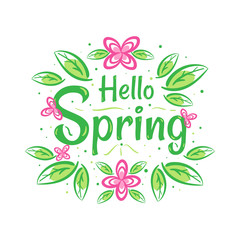 Hello Spring greeting card with hand drawn flowers and leaves in minimal flat design style vector illustration. Perfect for greeting card, background, backdrop.