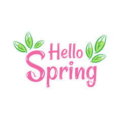 Hello Spring greeting card with hand drawn leaves in minimal flat design style vector illustration. Perfect for greeting card, background, backdrop.