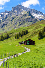 Crossing the Alps. Hiking trail in the Alps. Murren. Switzerland.