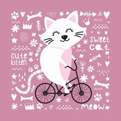 Cute cat on a bike. Vector illustration on a pink background with different decorative elements: flowers, fish, bone, heart, geometric patterns. Poster, postcard, clothing.
