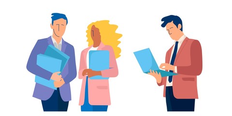 Business people with folders. Man using laptop. Business concept vector illustration in flat cartoon style.
