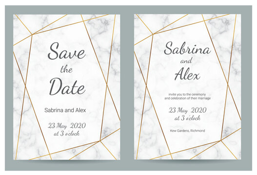 Marble wedding invitation. Set with invitation and Save the date card on white marble background. Wedding set.