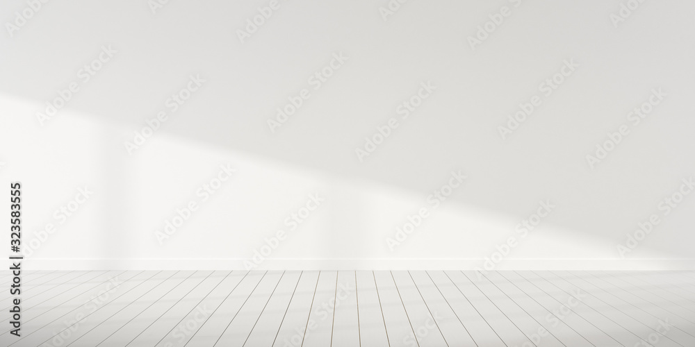 Aufkleber mock-up of white empty room and wood laminate floor with sun light cast the shadow on the wall,persp