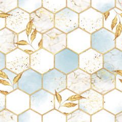 Marble hexagon seamless texture with golden leaves. Abstract background