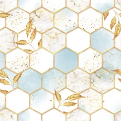 Foto op Plexiglas Marmeren zeshoek naadloze textuur met gouden bladeren. Abstracte achtergrond © Gribanessa