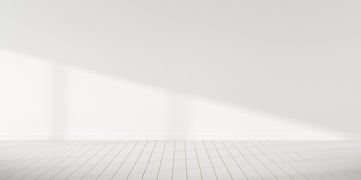 Mock-up of white empty room and wood laminate floor with sun light cast the shadow on the wall,Perspective of minimal interior design. 3D rendering © nuchao