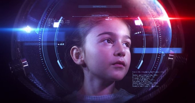 Beautiful Little Girl Astronaut In Space Helmet Looking At Camera. She Is Exploring Outer Space In A Space Suit. Science And Technology Related VFX 4K Concept Footage.