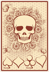 Casino wallpaper with skull and poker cards, vector illustration