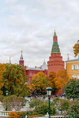 Russia, Moscow October 2019. View of the Moscow Kremlin. People walk in the Alexander Garden near...