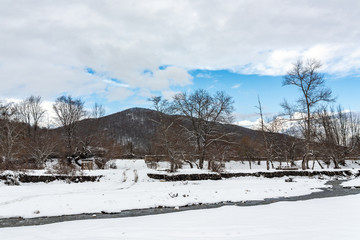 Fast mountain river stream in winter season