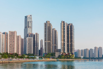 Fototapeta na wymiar Skyline and harbor of downtown of Hong Kong city