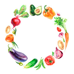 round frame of fresh vegetables watercolor illustration