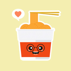 Cute and kawaii instant ramen cup character in flat style. Noodle cup with chopstick cartoon illustration with emoji and expression. Can use for restaurant, resto, mascot, chinese. japanese, asian