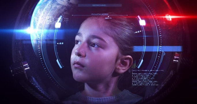 Young Brave Beautiful Little Girl Astronaut In Space Helmet Looking At Camera. She Is Exploring Outer Space In A Space Suit. Science And Technology Related VFX 4K Concept Footage.
