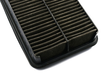 Cabin car with a dirty carbon air filter,spare part on a white background