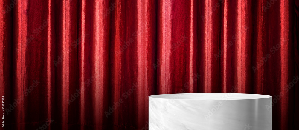 Poster product display glossy white marble cylinder stand with red curtain wall background.banner mockup sp