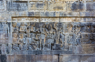 Stone carvings in Borobudur Temple, Magelang, Central Java, Indonesia. Borobudur Temple is the...